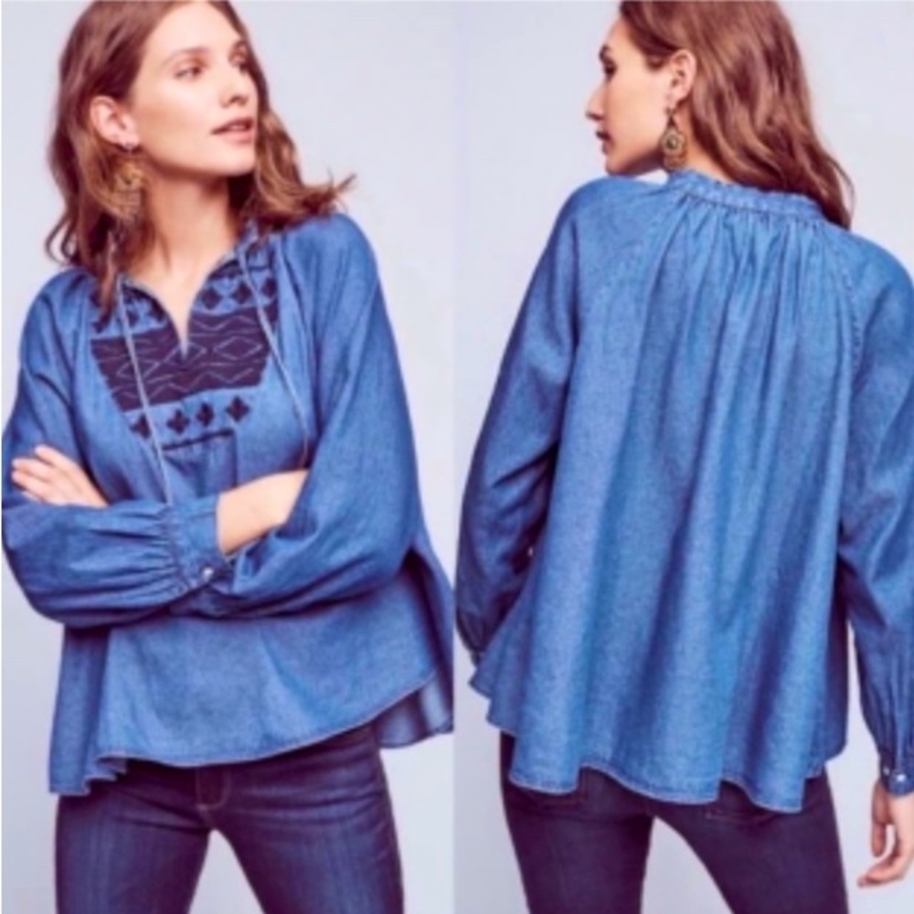 NWT Anthropologie Ne Quittez Pas Embroidered denim top - Picture 1 of 5